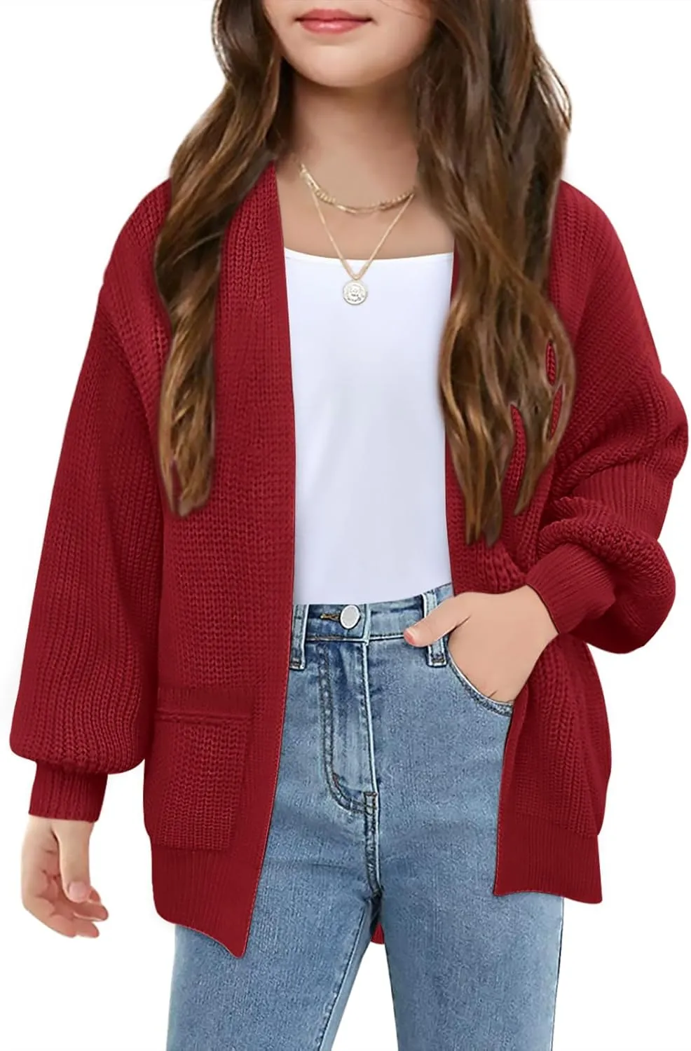 Girls Long Sleeve Cardigan Casual Open Front Lantern Sleeve Smoke Cuff Knit Sweater with Pockets for Kids 5-14 Years