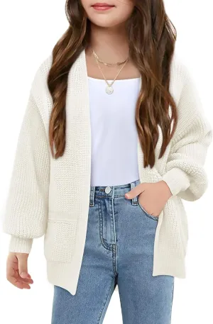 Girls Long Sleeve Cardigan Casual Open Front Lantern Sleeve Smoke Cuff Knit Sweater with Pockets for Kids 5-14 Years