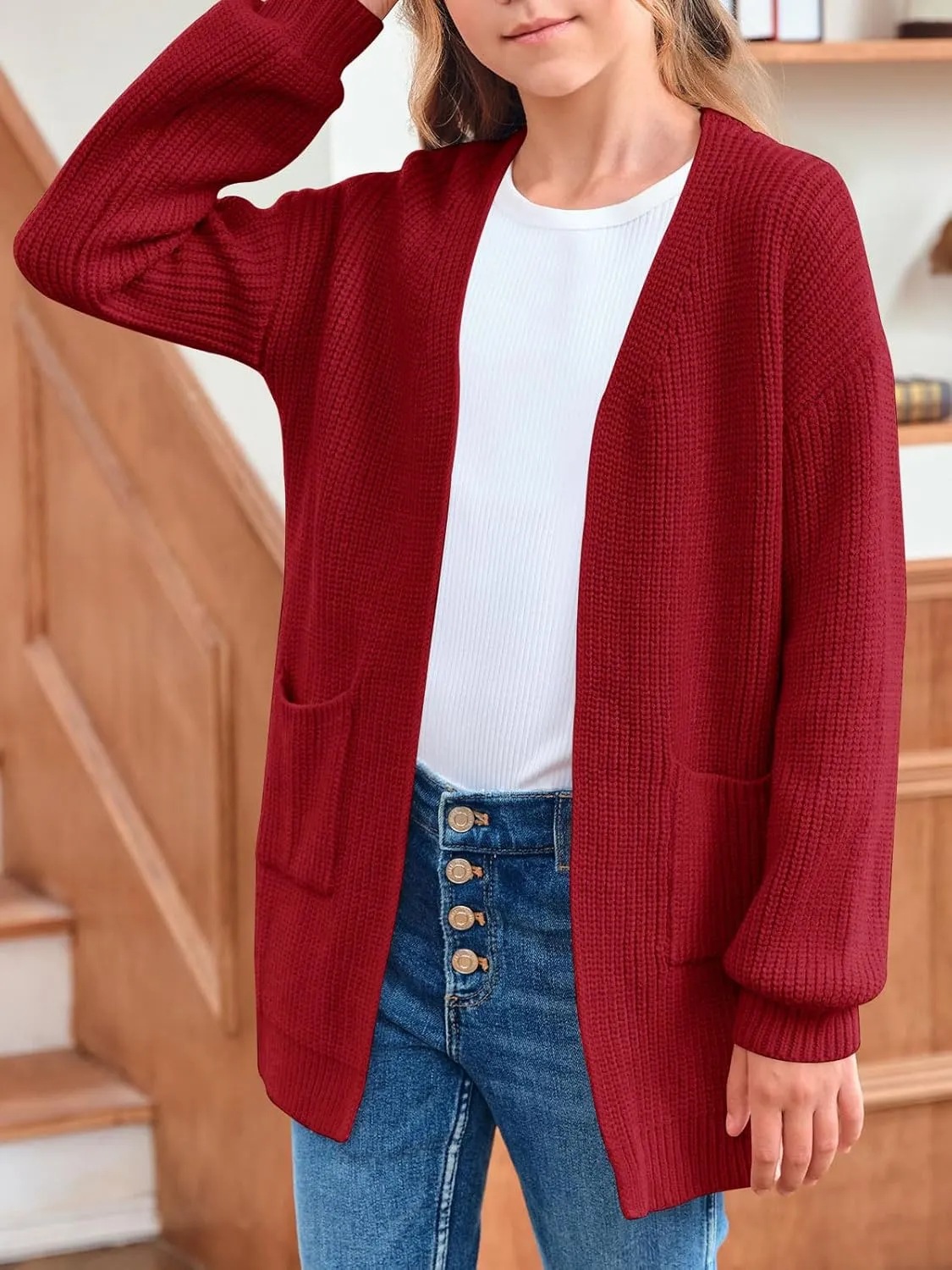 Girls Long Sleeve Cardigan Casual Open Front Lantern Sleeve Smoke Cuff Knit Sweater with Pockets for Kids 5-14 Years