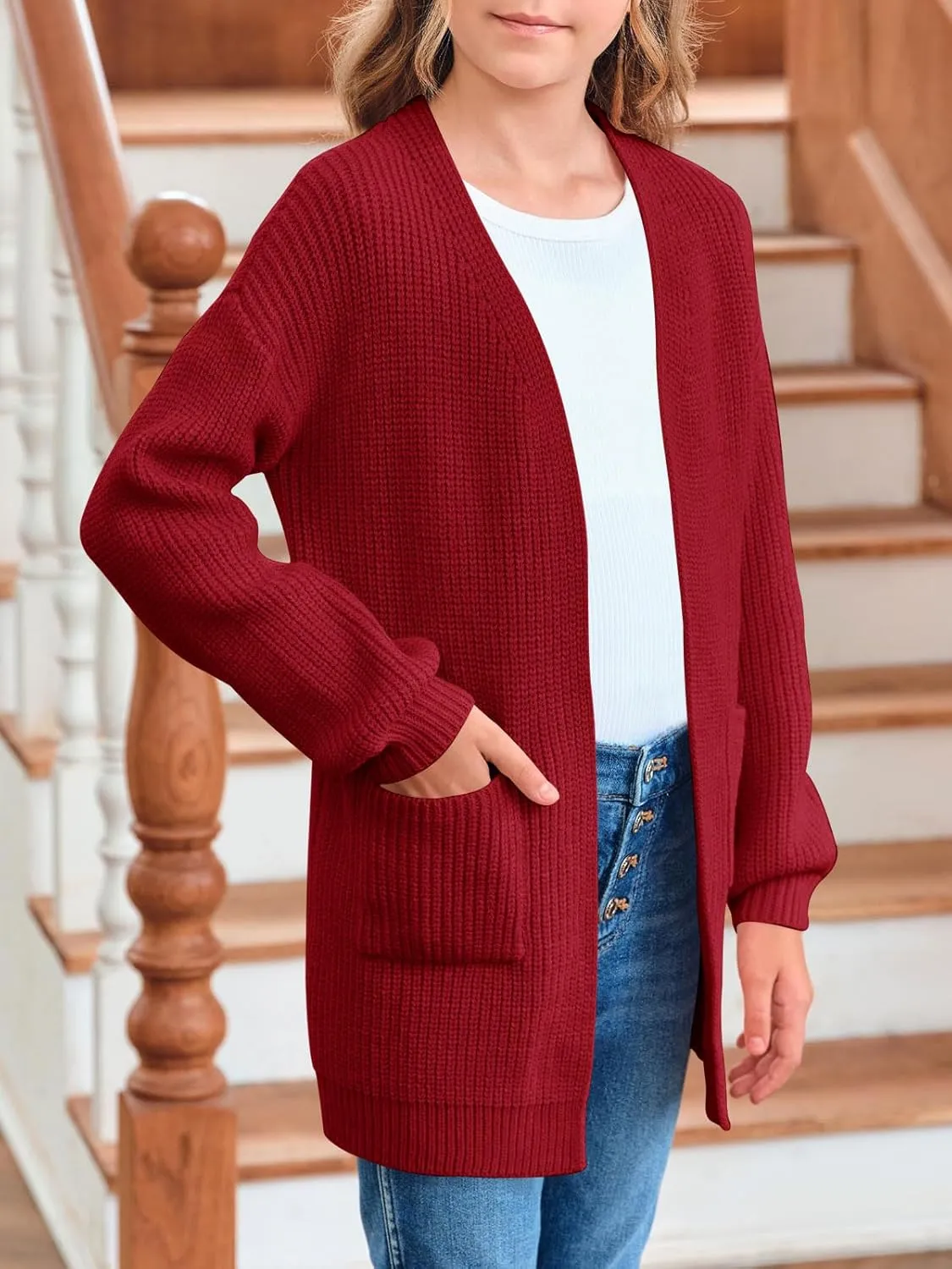 Girls Long Sleeve Cardigan Casual Open Front Lantern Sleeve Smoke Cuff Knit Sweater with Pockets for Kids 5-14 Years
