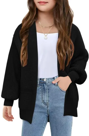 Girls Long Sleeve Cardigan Casual Open Front Lantern Sleeve Smoke Cuff Knit Sweater with Pockets for Kids 5-14 Years