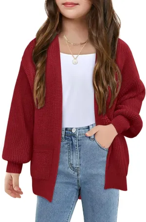 Girls Long Sleeve Cardigan Casual Open Front Lantern Sleeve Smoke Cuff Knit Sweater with Pockets for Kids 5-14 Years