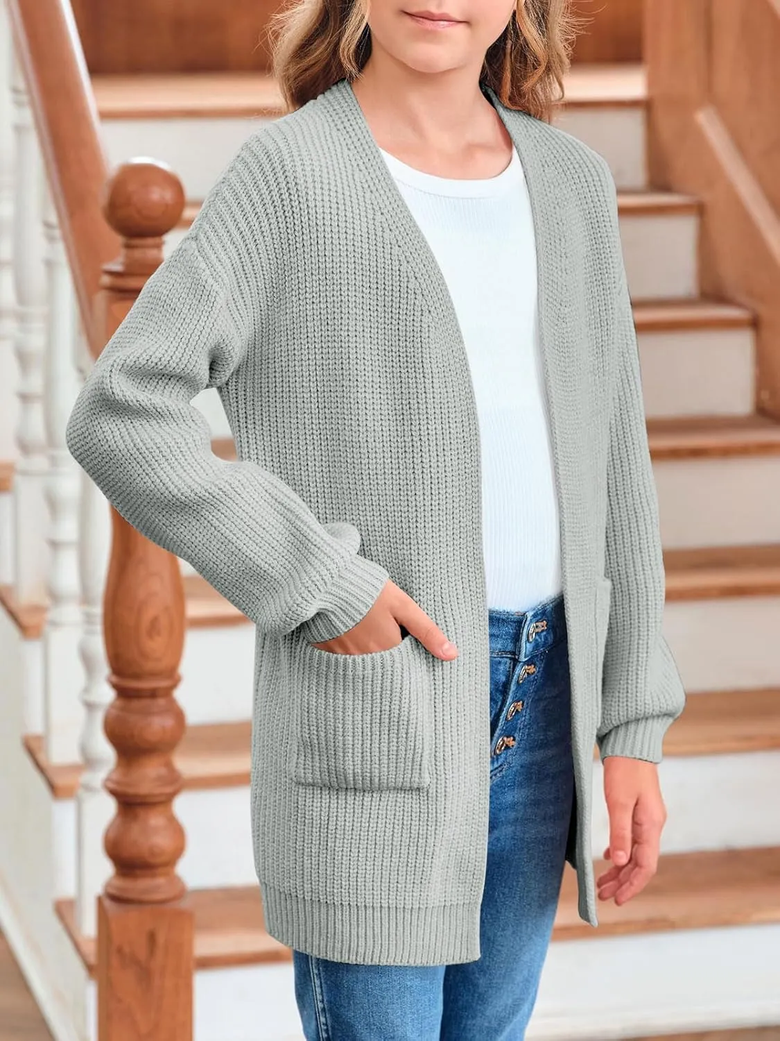 Girls Long Sleeve Cardigan Casual Open Front Lantern Sleeve Smoke Cuff Knit Sweater with Pockets for Kids 5-14 Years