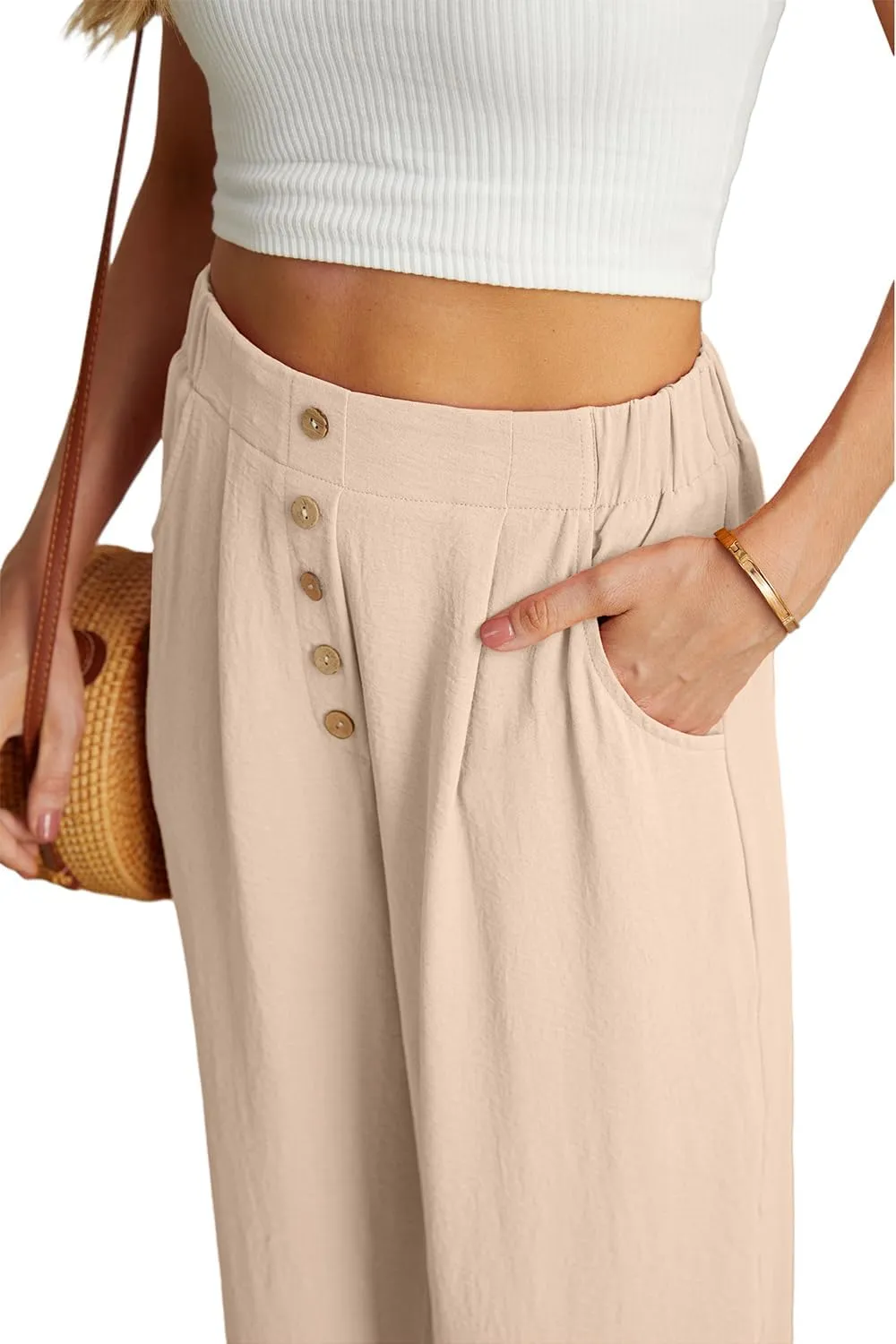 GRECERELLE Women Palazzo Pants Wide Leg Flowy Pants High Waist Casual Button Long Lounge Pant Trousers with Pocket