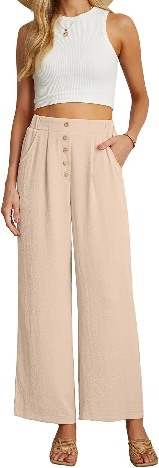 GRECERELLE Women Palazzo Pants Wide Leg Flowy Pants High Waist Casual Button Long Lounge Pant Trousers with Pocket