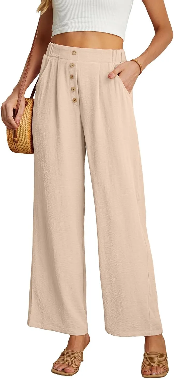 GRECERELLE Women Palazzo Pants Wide Leg Flowy Pants High Waist Casual Button Long Lounge Pant Trousers with Pocket