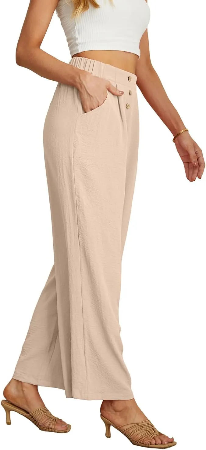 GRECERELLE Women Palazzo Pants Wide Leg Flowy Pants High Waist Casual Button Long Lounge Pant Trousers with Pocket