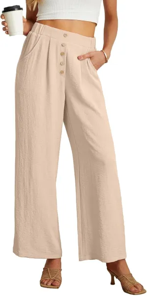 GRECERELLE Women Palazzo Pants Wide Leg Flowy Pants High Waist Casual Button Long Lounge Pant Trousers with Pocket
