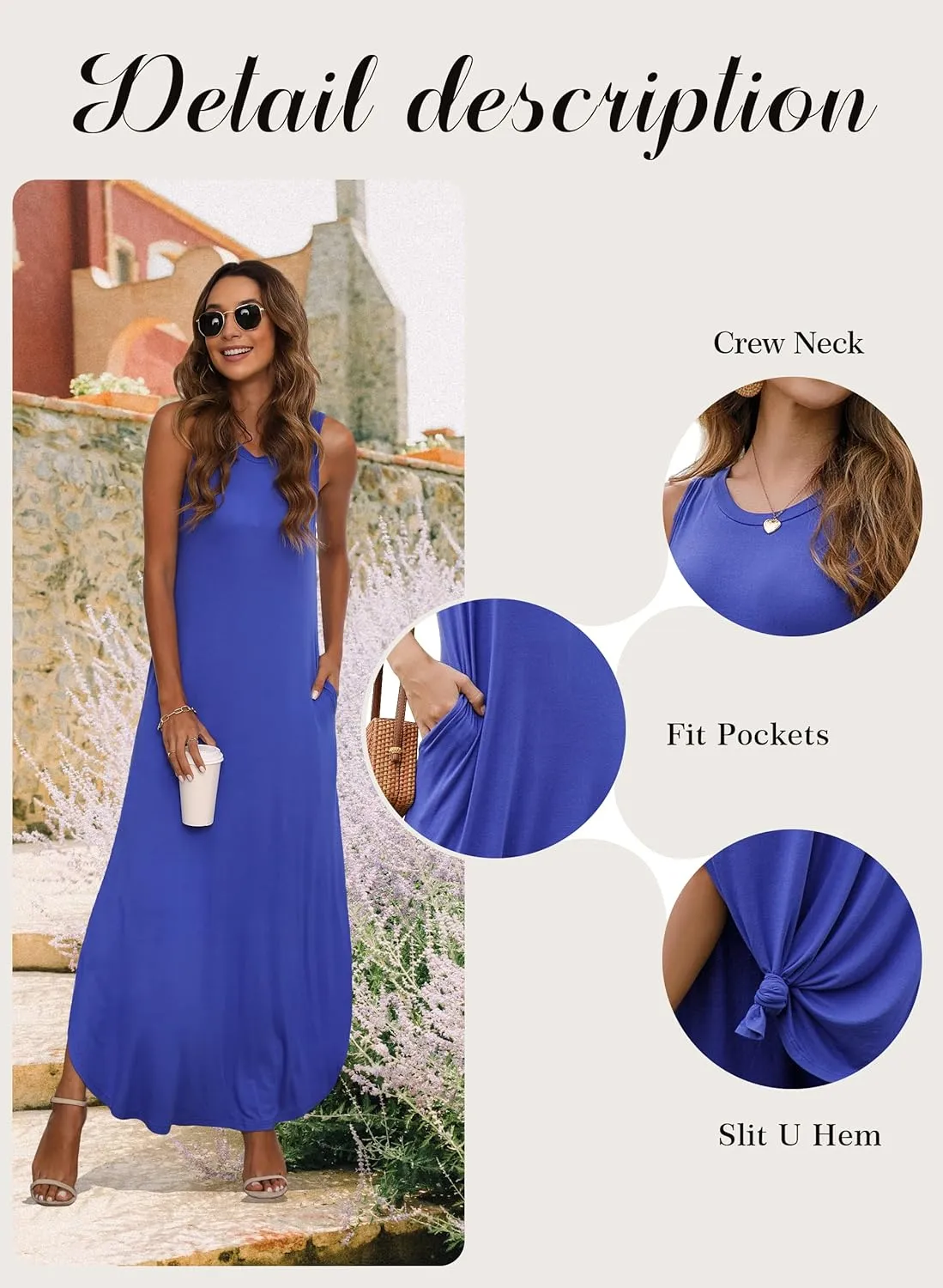 GRECERELLE Women's Summer Sleeveless Casual Long Dresses Split Maxi Dress with Pockets