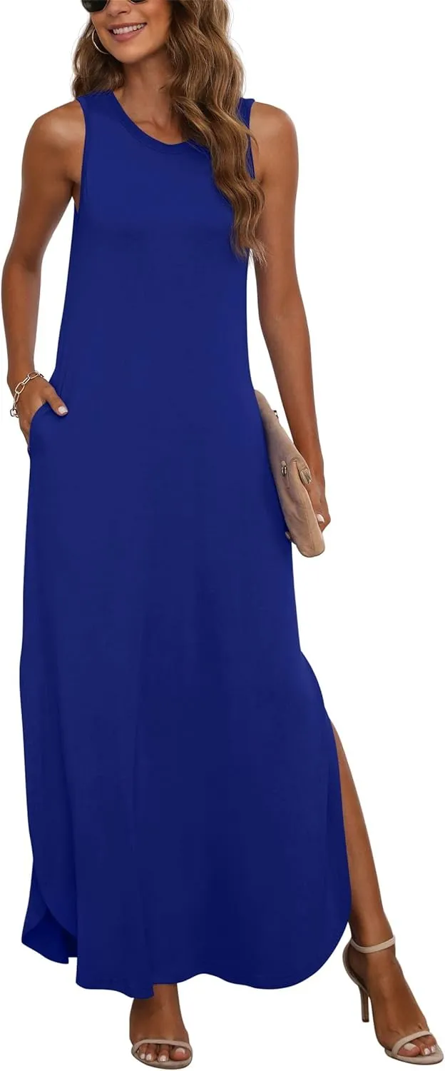 GRECERELLE Women's Summer Sleeveless Casual Long Dresses Split Maxi Dress with Pockets