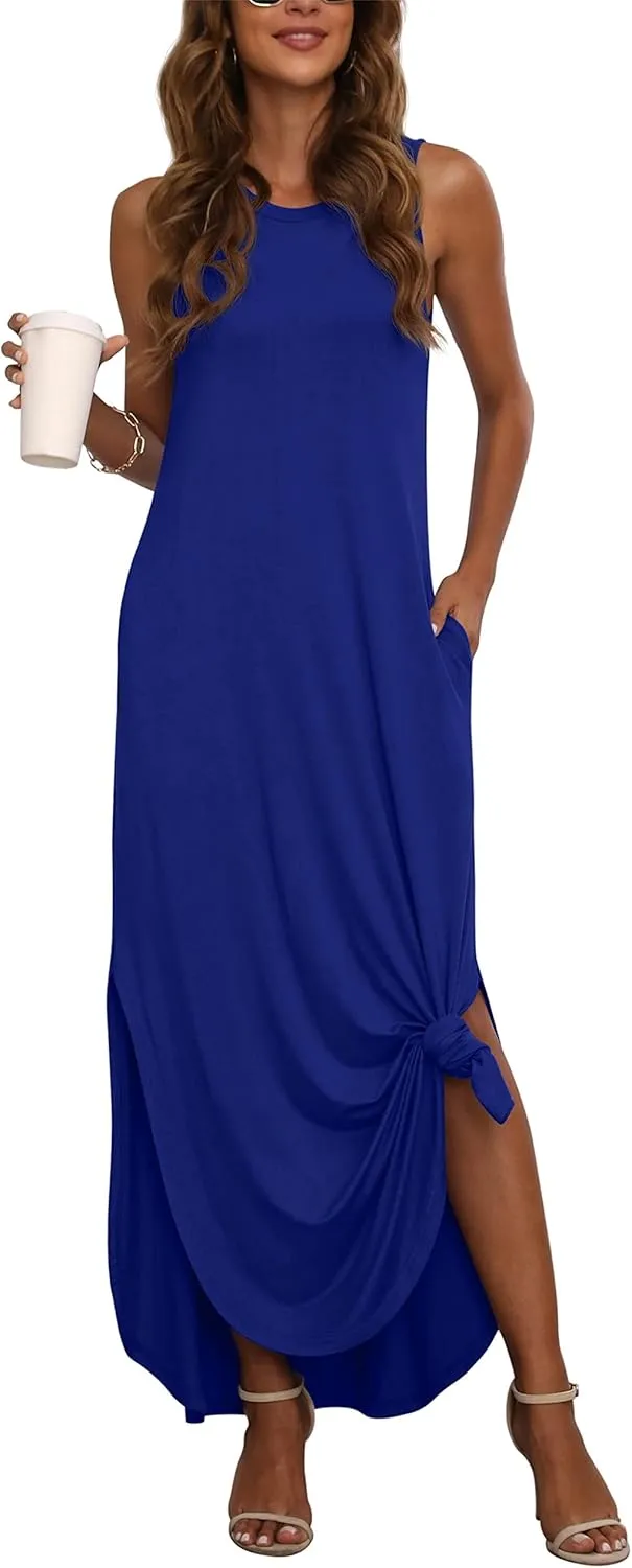 GRECERELLE Women's Summer Sleeveless Casual Long Dresses Split Maxi Dress with Pockets