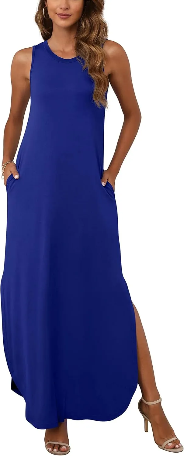GRECERELLE Women's Summer Sleeveless Casual Long Dresses Split Maxi Dress with Pockets