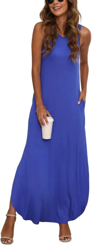 GRECERELLE Women's Summer Sleeveless Casual Long Dresses Split Maxi Dress with Pockets