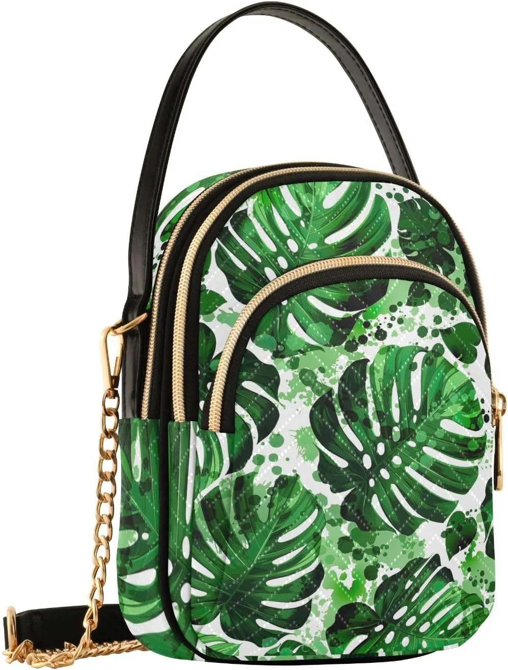 Green Banana Leaf Tropical Phone Purse with Strap PU Leather Shoulder Purse for Women Quilted Crossbody Wallets Bag
