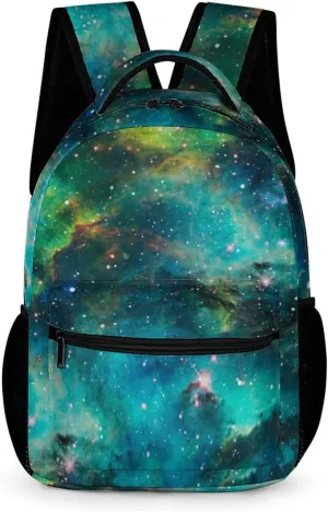 Green Galaxy Backpack Kids Space Universe Galaxy Backpack for Boys and Girls, Starry Stars Nebula Backpack for Elementary Kids, Children Travel Laptop Backpack, 16.5 Inch