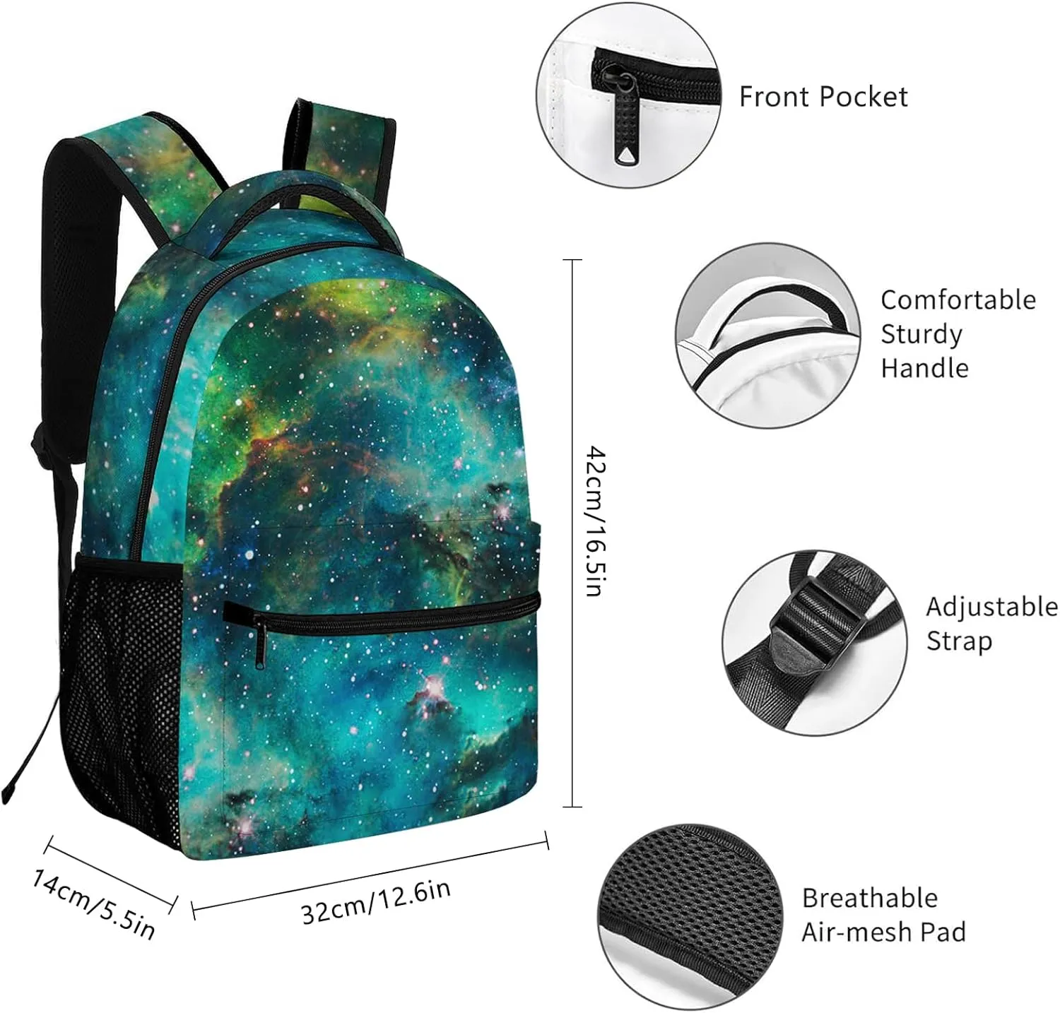 Green Galaxy Backpack Kids Space Universe Galaxy Backpack for Boys and Girls, Starry Stars Nebula Backpack for Elementary Kids, Children Travel Laptop Backpack, 16.5 Inch