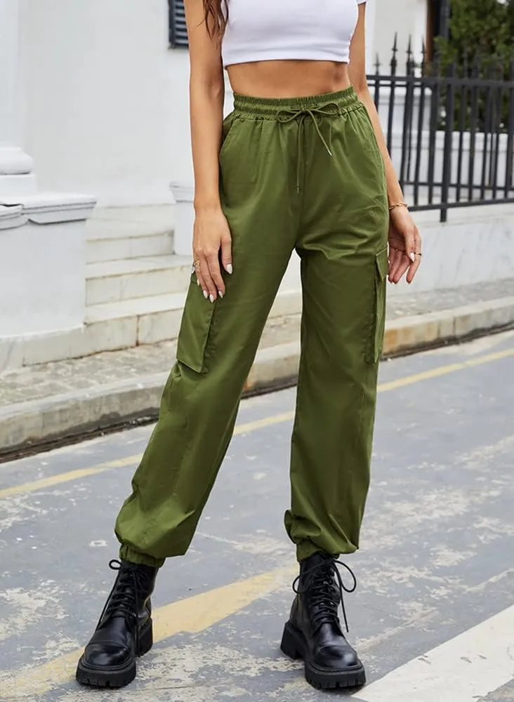 guyueqiqin Women's Drawstring Cargo Jogger Pants Casual High Waist Workout Trousers with Pockets