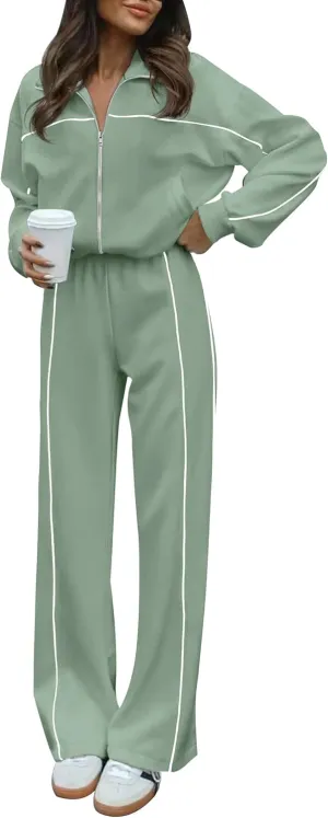 HAEOF Women 2 Piece Sweatsuit 2025 Fall Outfits Long Sleeve Zip Up Sweatshirt Jogger Pants Machting Lounge Sets Tracksuit