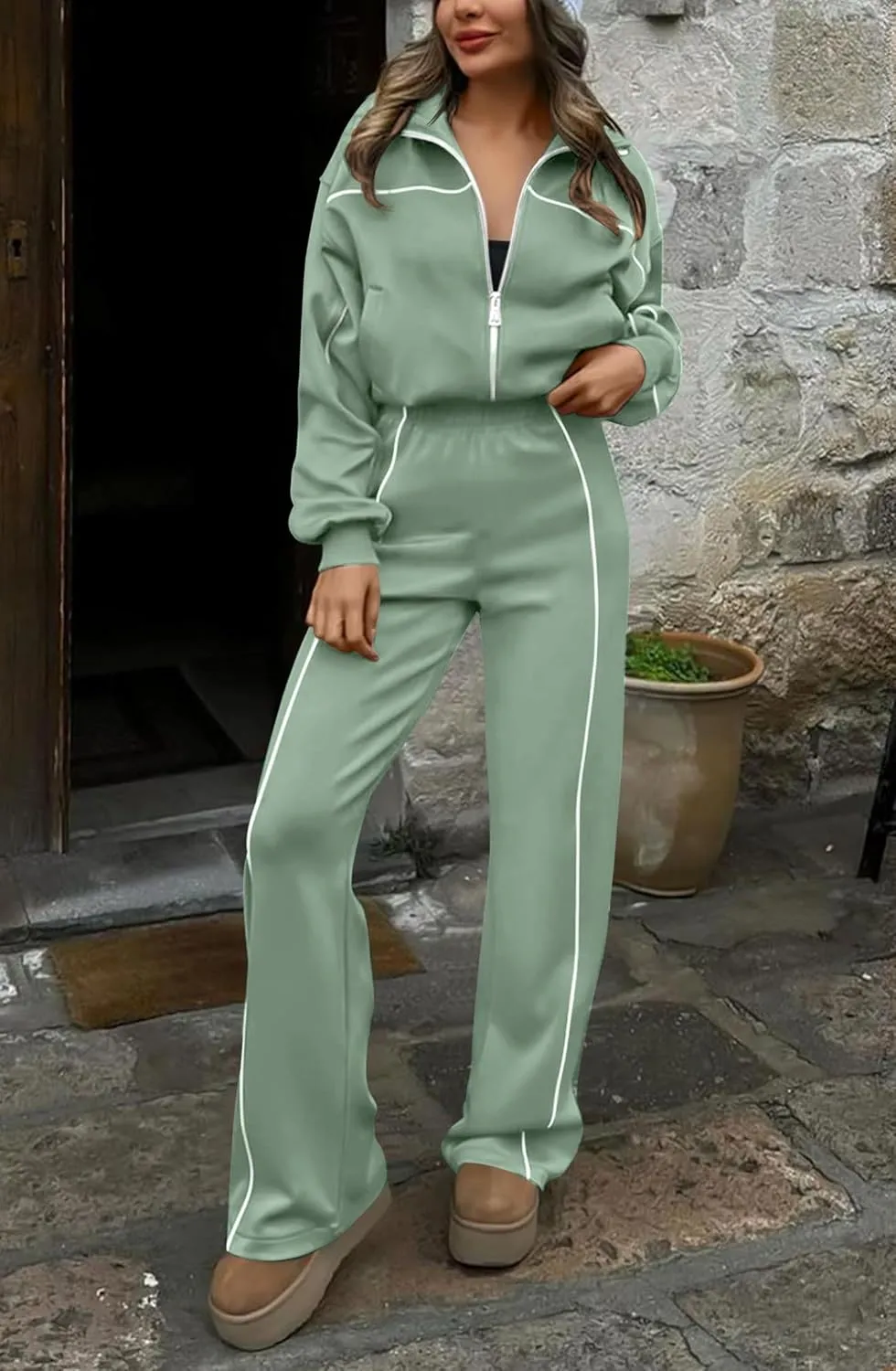 HAEOF Women 2 Piece Sweatsuit 2025 Fall Outfits Long Sleeve Zip Up Sweatshirt Jogger Pants Machting Lounge Sets Tracksuit