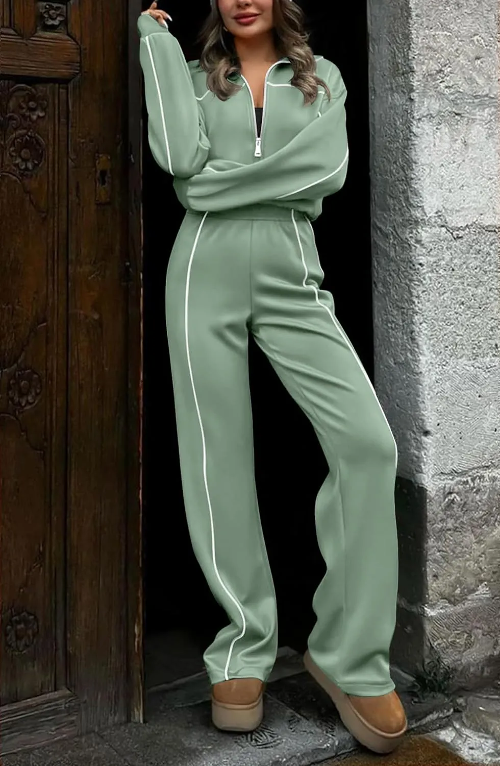 HAEOF Women 2 Piece Sweatsuit 2025 Fall Outfits Long Sleeve Zip Up Sweatshirt Jogger Pants Machting Lounge Sets Tracksuit