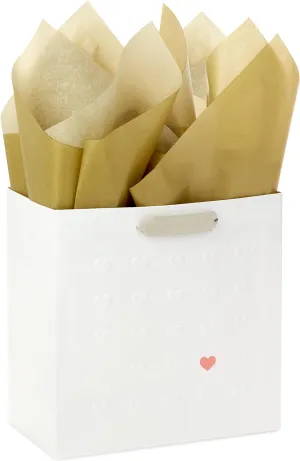 Hallmark Signature Studio 7" Medium Gift Bag with Tissue Paper (Embossed Hearts, White, Pink, Gold) for Birthdays, Valentine's Day, Baby Showers, Bridal Showers
