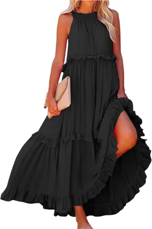 Halter Dresses for Women Flowy Tiered Ruffle Plus Size Summer Dresses Formal Beach Vacation Pleated Boho Maxi Dress