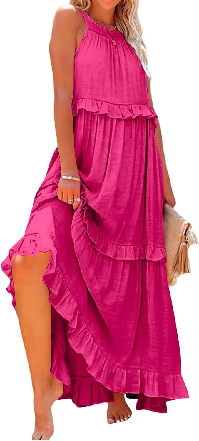 Halter Dresses for Women Flowy Tiered Ruffle Plus Size Summer Dresses Formal Beach Vacation Pleated Boho Maxi Dress