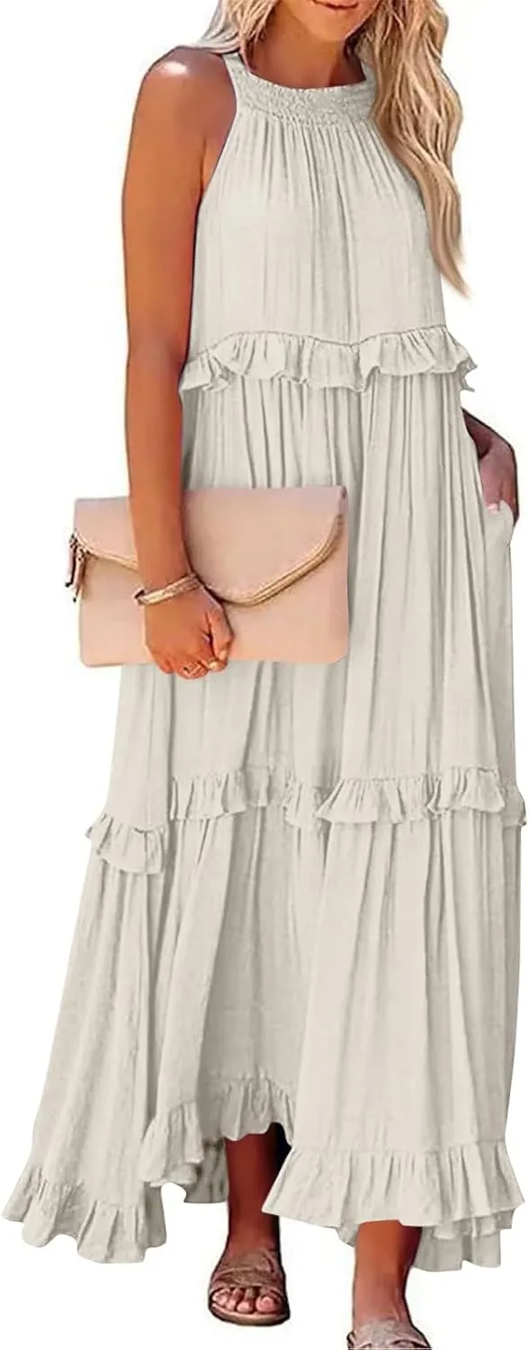Halter Dresses for Women Flowy Tiered Ruffle Plus Size Summer Dresses Formal Beach Vacation Pleated Boho Maxi Dress