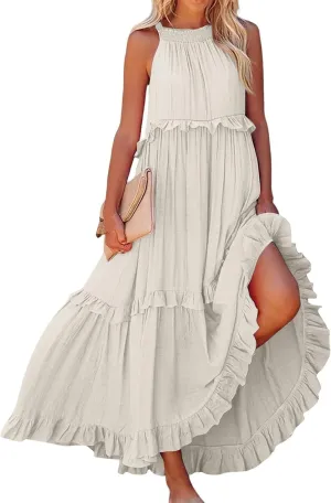 Halter Dresses for Women Flowy Tiered Ruffle Plus Size Summer Dresses Formal Beach Vacation Pleated Boho Maxi Dress