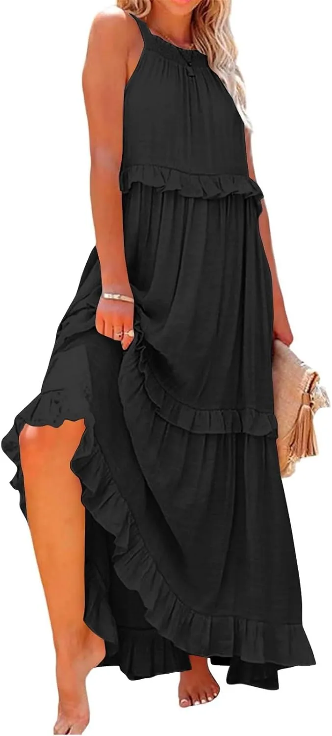 Halter Dresses for Women Flowy Tiered Ruffle Plus Size Summer Dresses Formal Beach Vacation Pleated Boho Maxi Dress