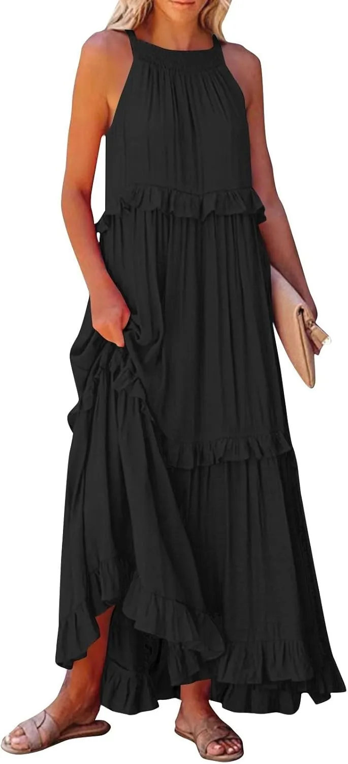 Halter Dresses for Women Flowy Tiered Ruffle Plus Size Summer Dresses Formal Beach Vacation Pleated Boho Maxi Dress