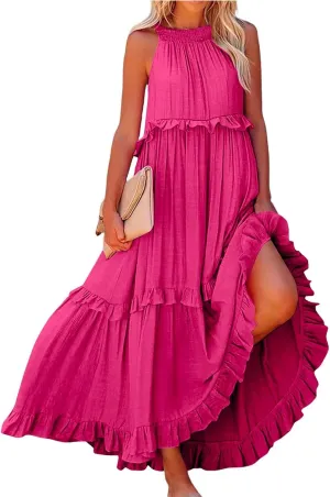 Halter Dresses for Women Flowy Tiered Ruffle Plus Size Summer Dresses Formal Beach Vacation Pleated Boho Maxi Dress