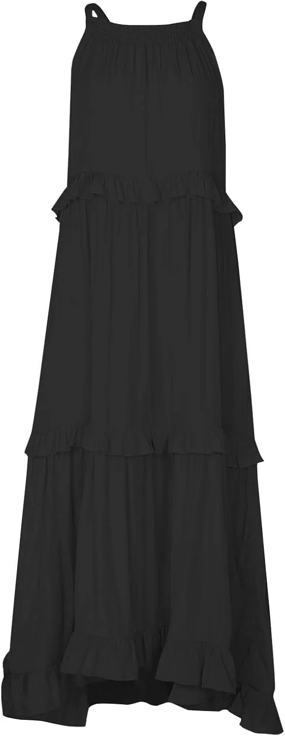 Halter Dresses for Women Flowy Tiered Ruffle Plus Size Summer Dresses Formal Beach Vacation Pleated Boho Maxi Dress