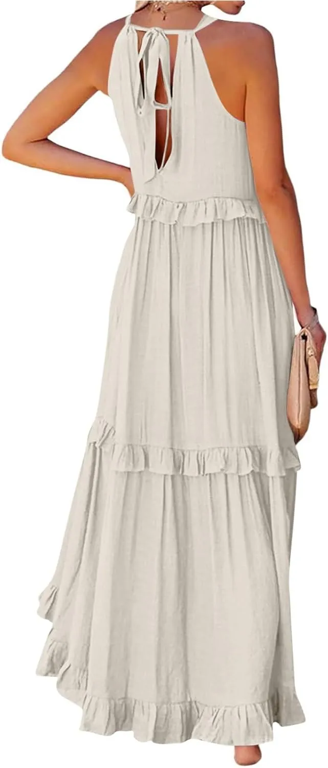 Halter Dresses for Women Flowy Tiered Ruffle Plus Size Summer Dresses Formal Beach Vacation Pleated Boho Maxi Dress