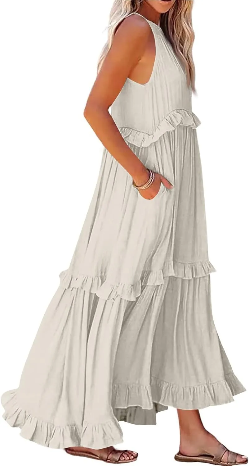 Halter Dresses for Women Flowy Tiered Ruffle Plus Size Summer Dresses Formal Beach Vacation Pleated Boho Maxi Dress