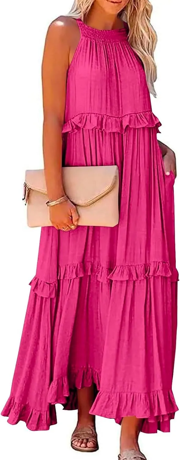 Halter Dresses for Women Flowy Tiered Ruffle Plus Size Summer Dresses Formal Beach Vacation Pleated Boho Maxi Dress