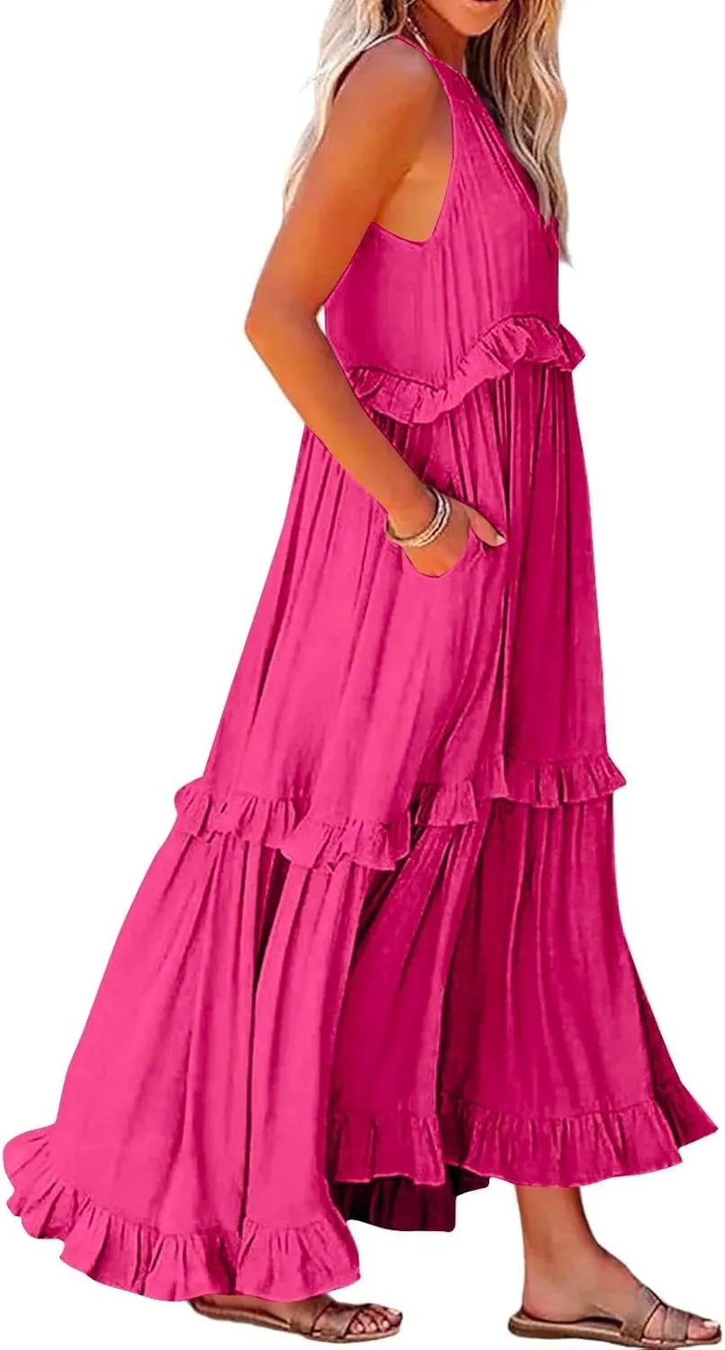 Halter Dresses for Women Flowy Tiered Ruffle Plus Size Summer Dresses Formal Beach Vacation Pleated Boho Maxi Dress