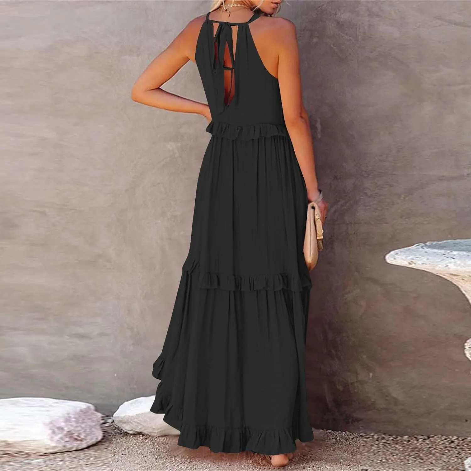 Halter Dresses for Women Flowy Tiered Ruffle Plus Size Summer Dresses Formal Beach Vacation Pleated Boho Maxi Dress
