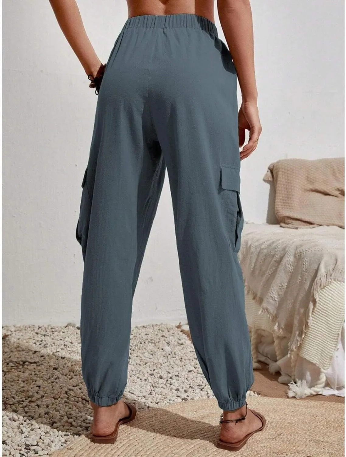 Harem Pants for Women Casual Comfy Drawstring Elastic Waist Cargo Joggers Summer Lounge Beach Pants with Pockets