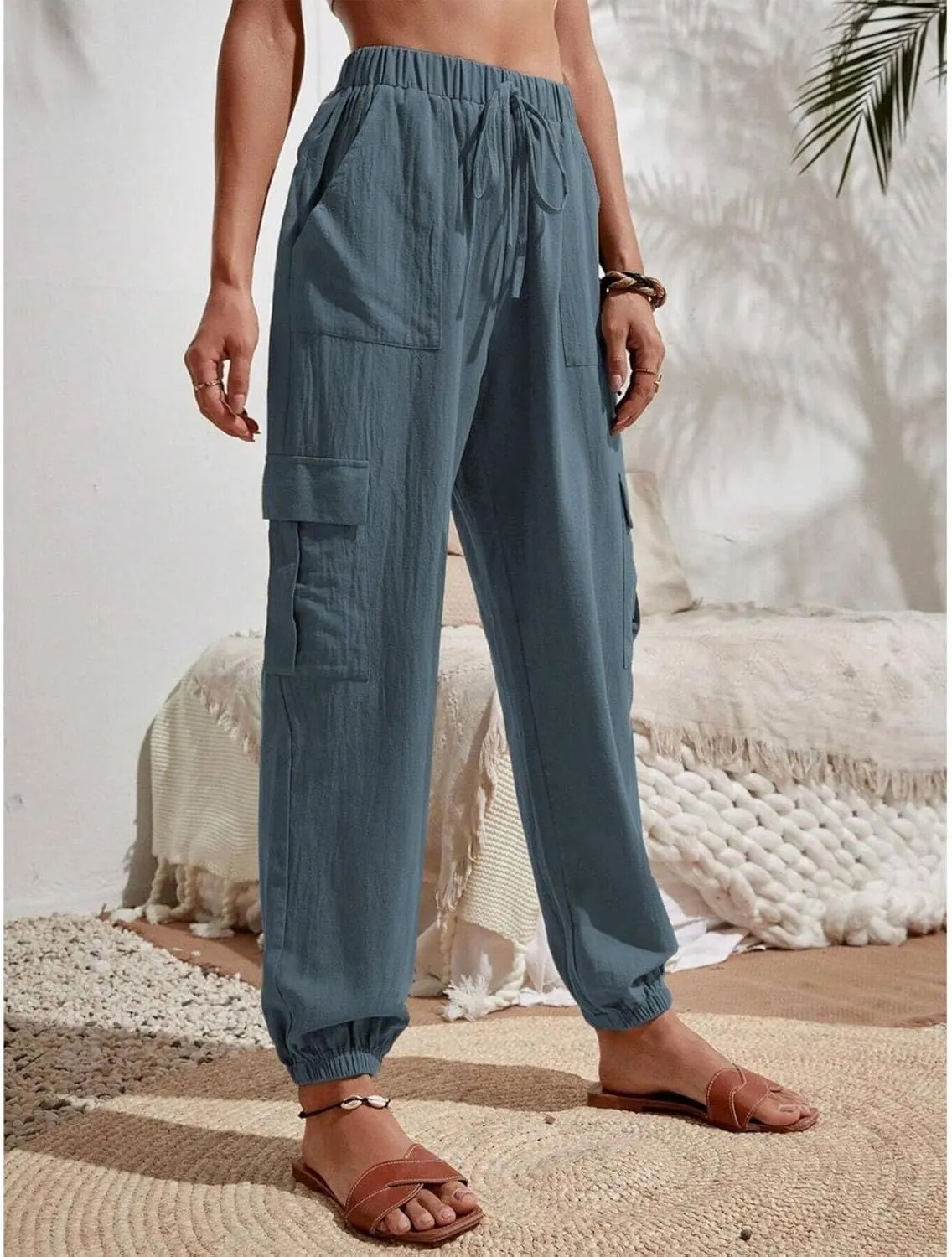 Harem Pants for Women Casual Comfy Drawstring Elastic Waist Cargo Joggers Summer Lounge Beach Pants with Pockets