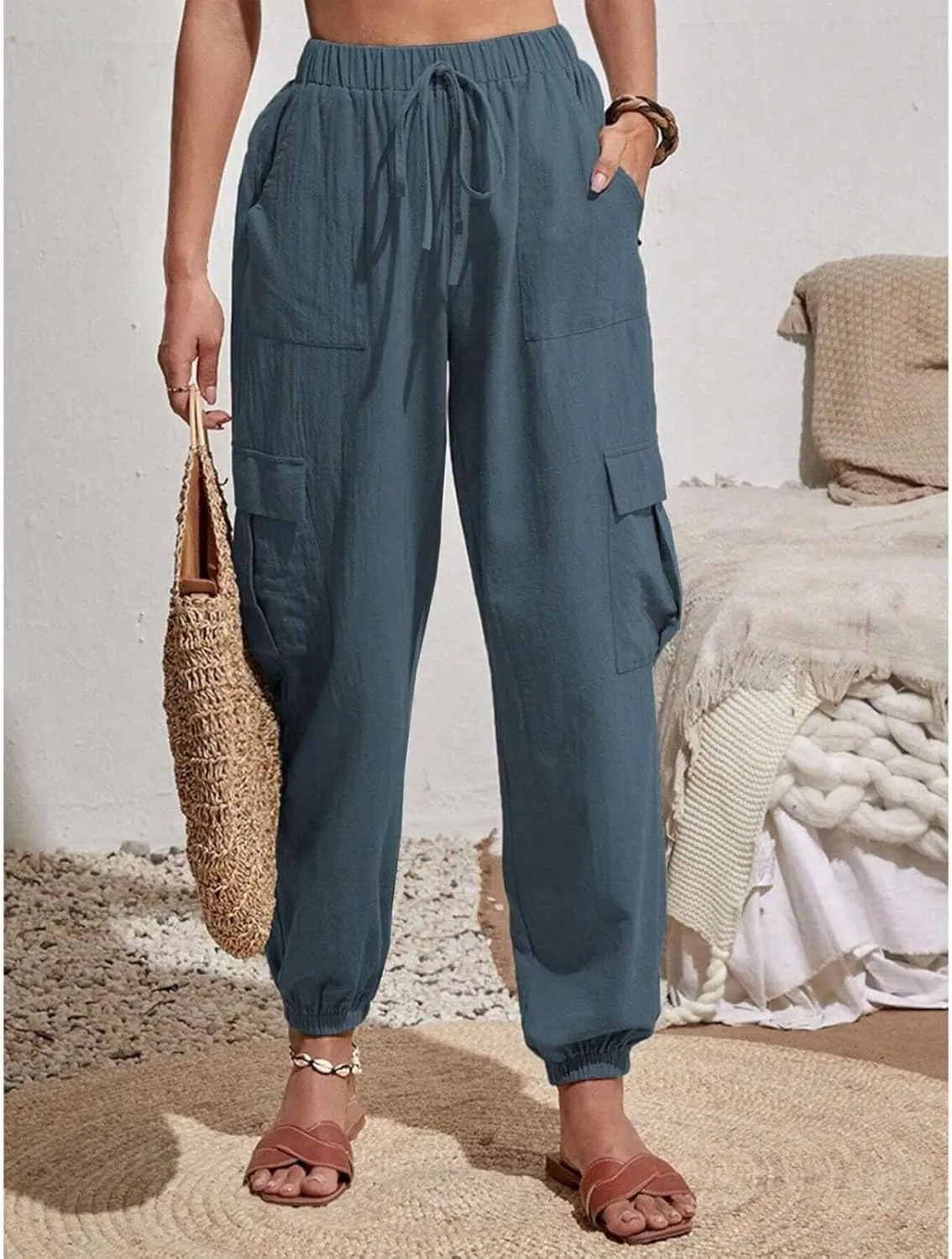 Harem Pants for Women Casual Comfy Drawstring Elastic Waist Cargo Joggers Summer Lounge Beach Pants with Pockets