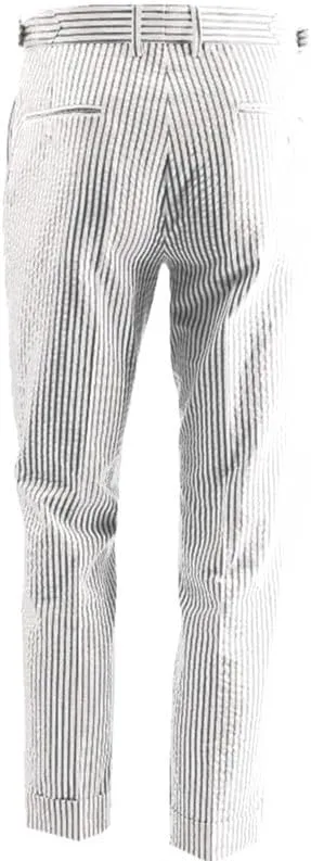 HBDesign Summer Pure Cotton Seersucker Slim Business Casual Men's Dress Pants Thin Striped Mid-Waist Handmade Pants