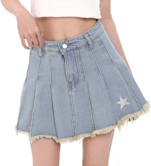heyheyshine Women's Y2K Mini Skirt High Waisted Ruffle A Line Denim Pleated Skirt Sexy Bodycon Casual Short Skirts Streetwear