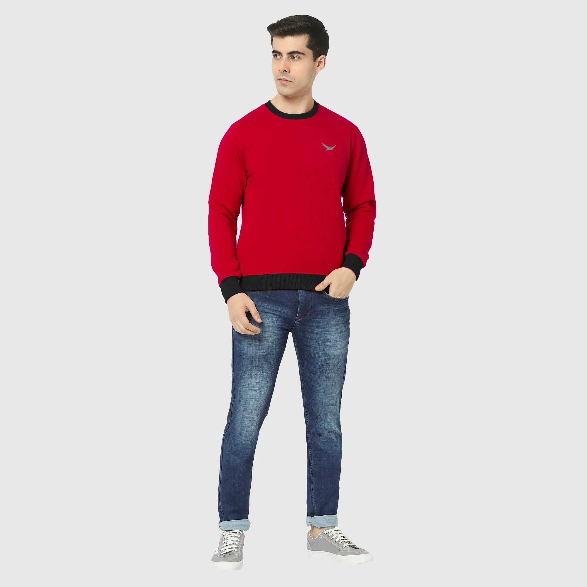 Hiflyers Men Slim Fit Cotrast Rib Cotton Fleece Round Neck Sweatshirt -Red