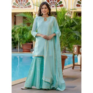 HOUSE OF JAMOTI Powder Blue Brocade Kurta Sharara (Set of 3)