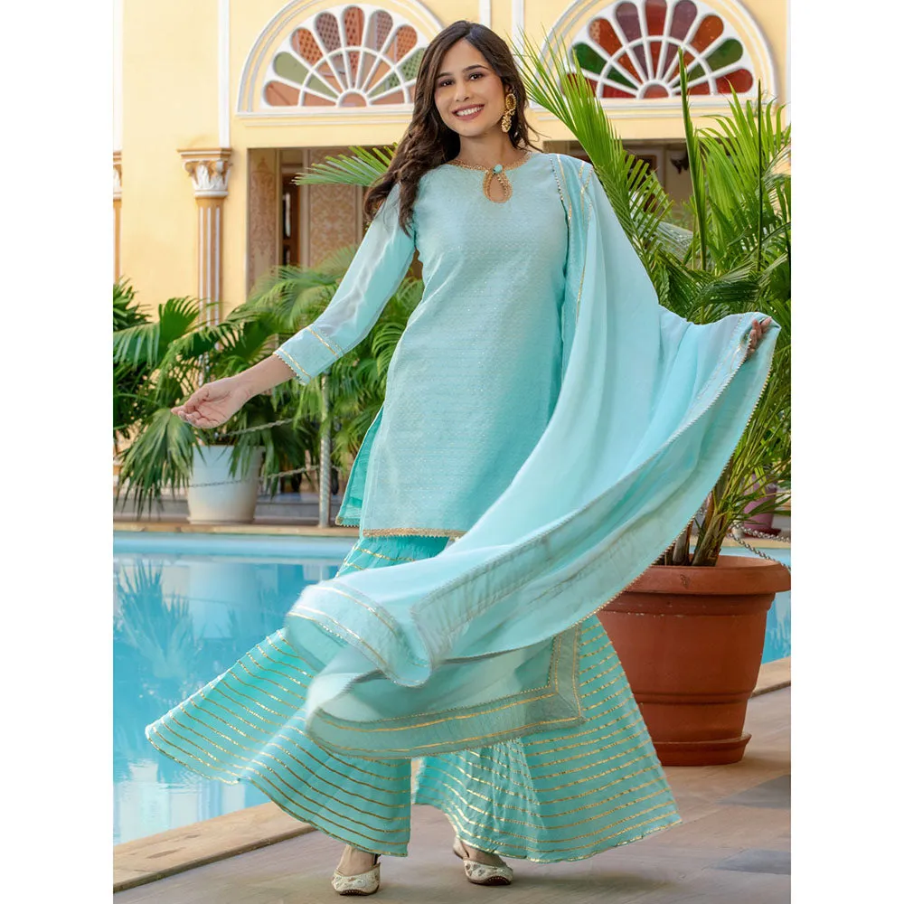 HOUSE OF JAMOTI Powder Blue Brocade Kurta Sharara (Set of 3)