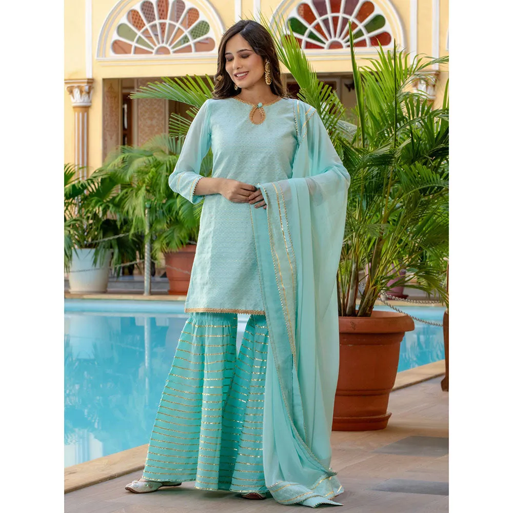 HOUSE OF JAMOTI Powder Blue Brocade Kurta Sharara (Set of 3)