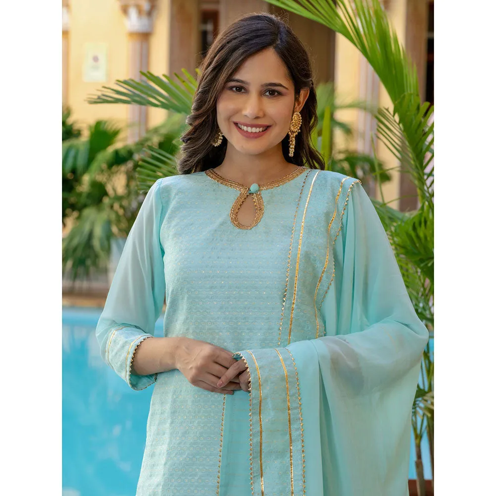 HOUSE OF JAMOTI Powder Blue Brocade Kurta Sharara (Set of 3)