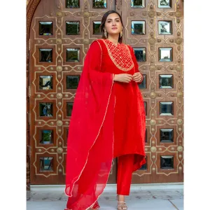 HOUSE OF JAMOTI Rose Red Velvet Kurta (Set of 3)