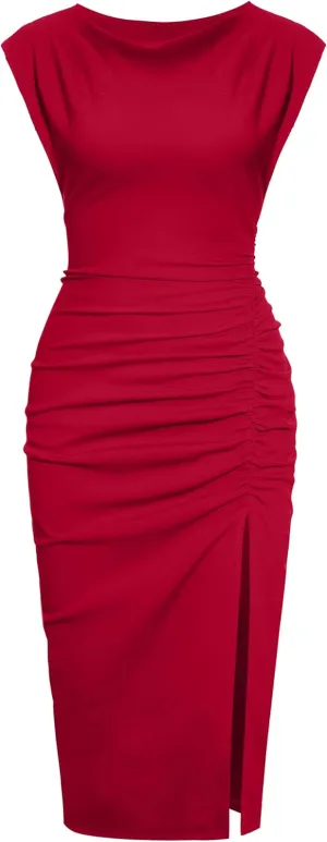 IHOT 2025 Women's Mock Neck Side Slit Ruched Bodycon Cocktail Party Wedding Guest Midi Dress